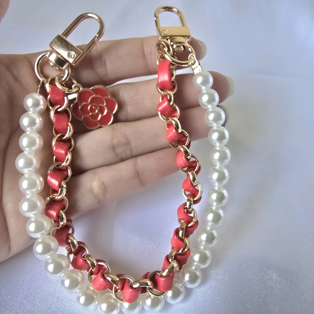 Double Layer  Pearl and Red Chain Bag‎ Charm / Wrist Strap